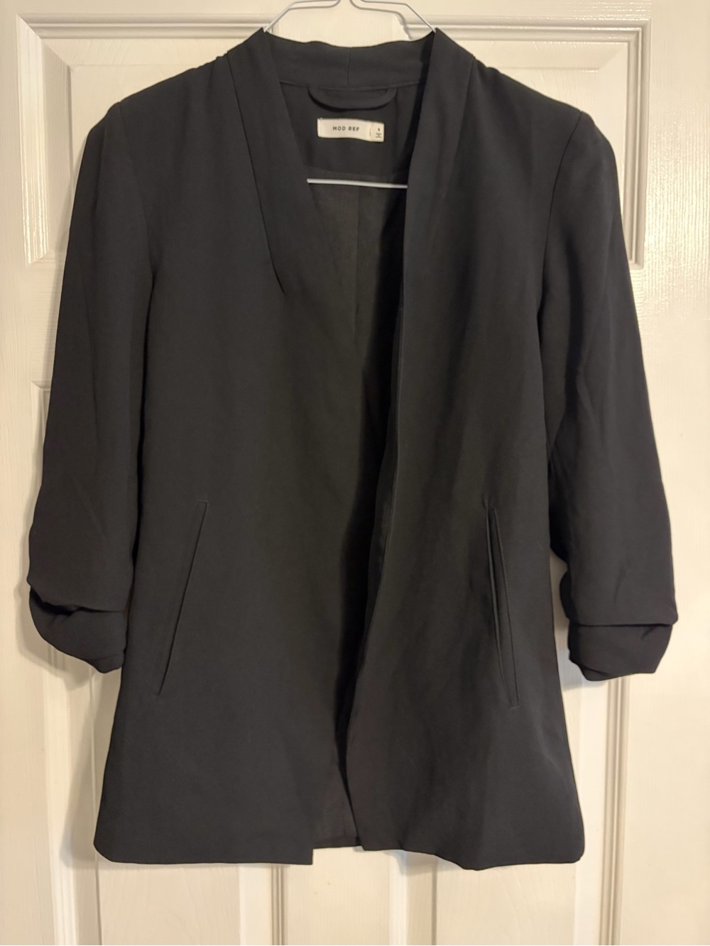 Mod Ref Black Open Front Blazer Small Ruched Sleeve Longline Jacket